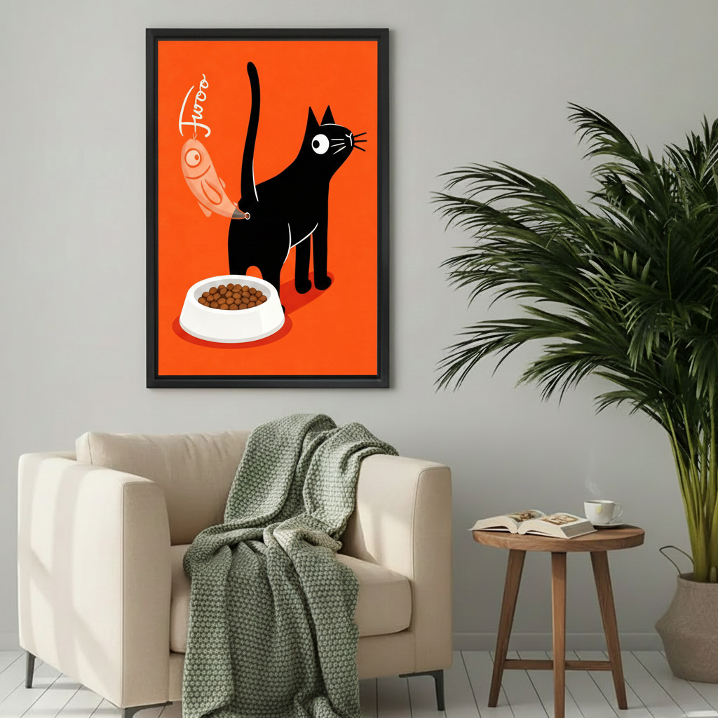 Black cat with fish on tail cat food bowl orange red background funny Fwoo wall art print in black frame beside cream armchair with round wood side table and palm plant in Scandinavian living room