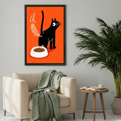 Black cat with fish on tail cat food bowl orange red background funny Fwoo wall art print in black frame beside cream armchair with round wood side table and palm plant in Scandinavian living room