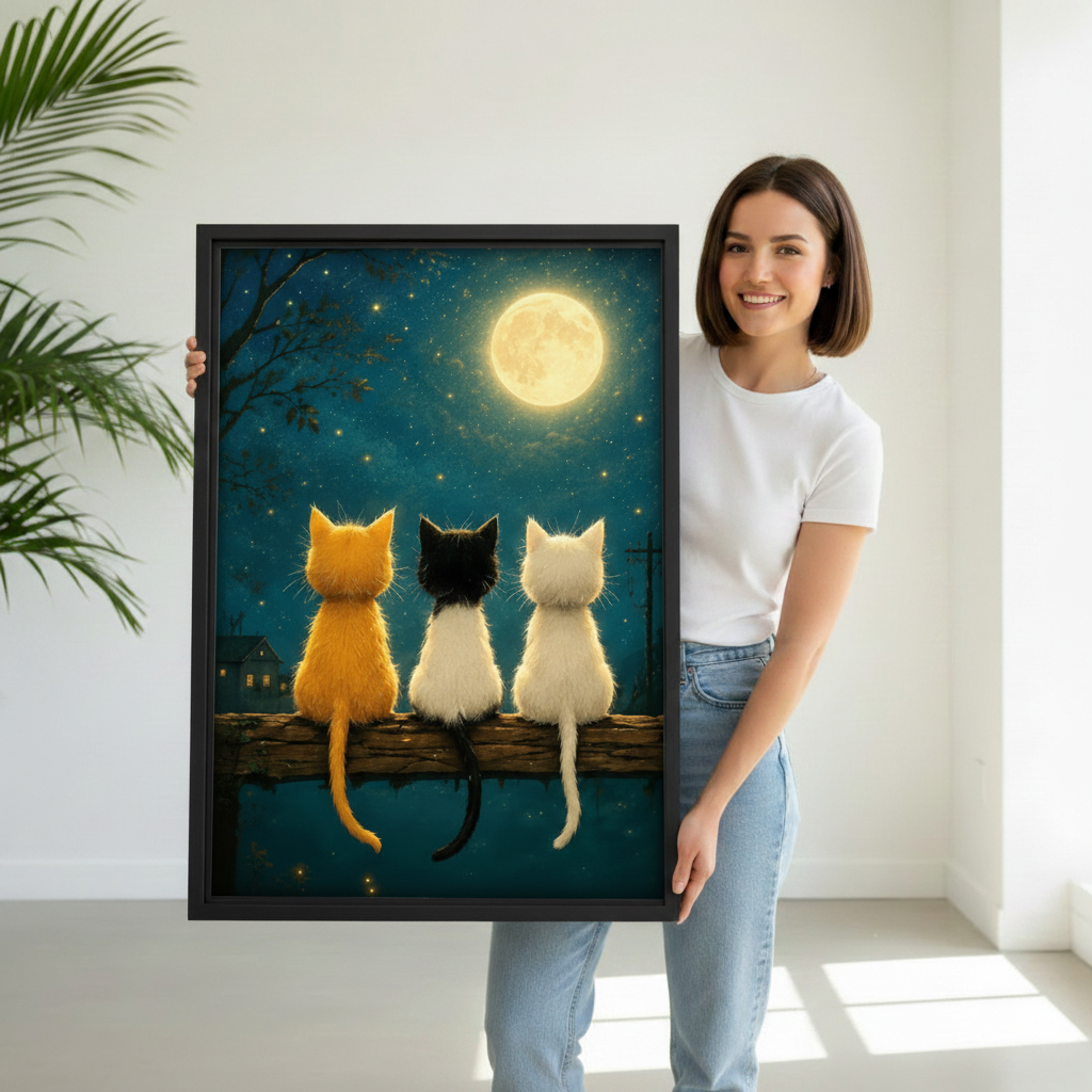 Woman holding three cats moonlight framed canvas wall art – large cat print for bedroom