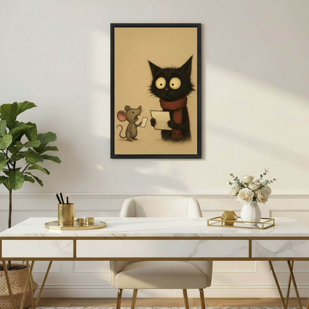 Cute black cat red scarf mouse letter funny warm illustration wall art print in black frame above white marble gold desk with white rose vase and fiddle leaf fig in elegant home office