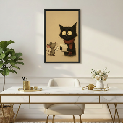 Cute black cat red scarf mouse letter funny warm illustration wall art print in black frame above white marble gold desk with white rose vase and fiddle leaf fig in elegant home office