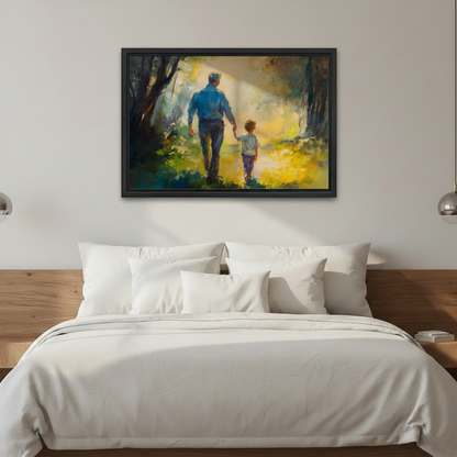 Dad and child walking together through golden forest watercolor oil painting wall art print in black frame above wooden headboard bed with white linen and silver bedside lamps in modern bedroom