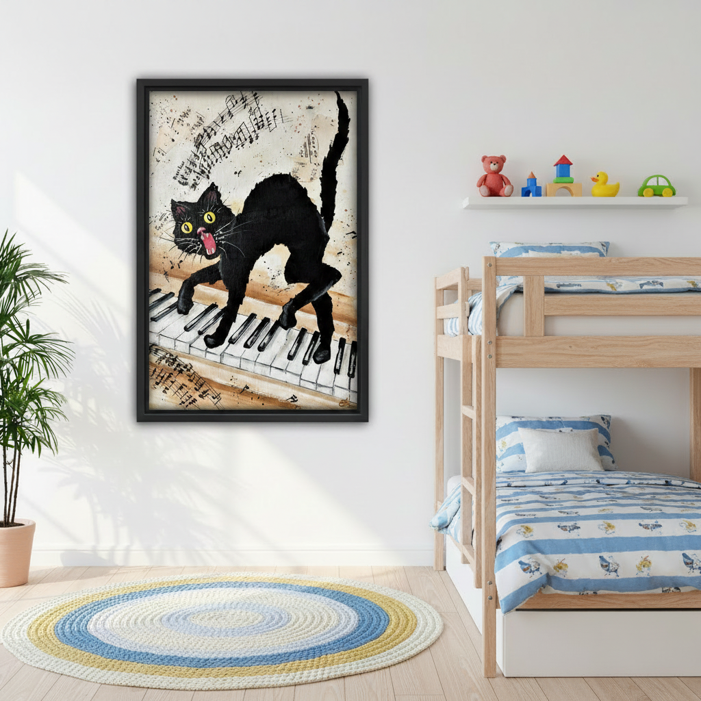 Framed black cat piano wall art above white sofa, wild cat on piano keys with flying sheet music, living room canvas decor for music and cat lovers