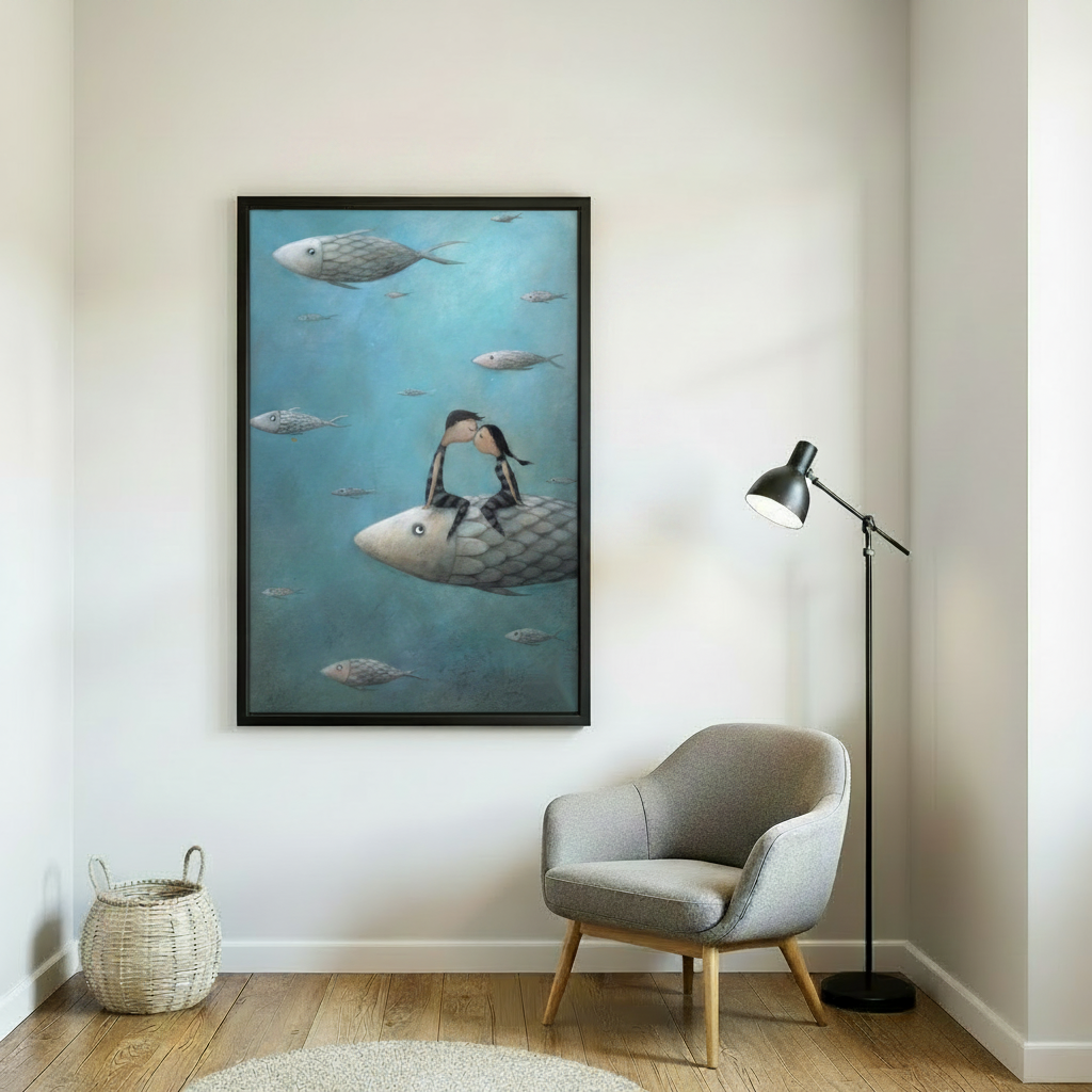 Underwater love story wall art print in black frame — magical ocean scene with kissing children on fish