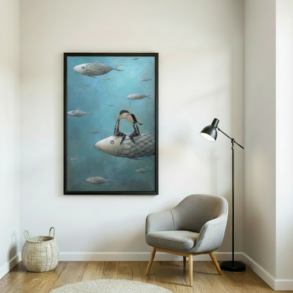 Underwater love story wall art print in black frame — magical ocean scene with kissing children on fish