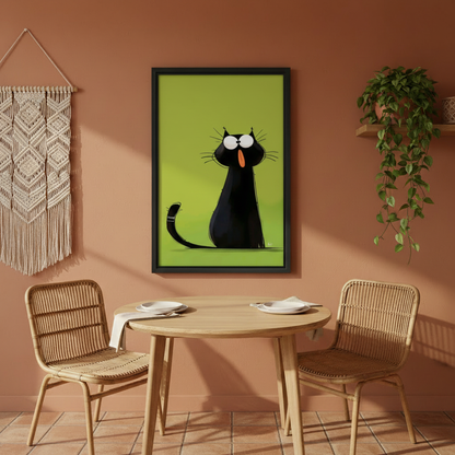 Funny black cat sticking tongue out lime green wall art print in black frame on terracotta wall above rattan dining chairs with macrame wall hanging in boho dining room