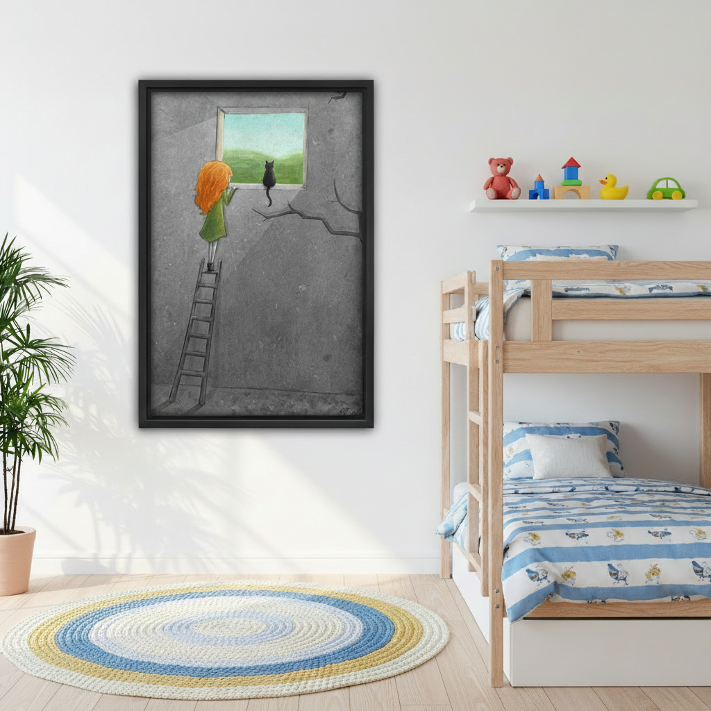 Girl climbing ladder to window with black cat whimsical framed art print, black frame, grey surreal illustration green landscape, hung above a light grey linen sofa in a bright Scandinavian living room with blue cushions and round coffee table
