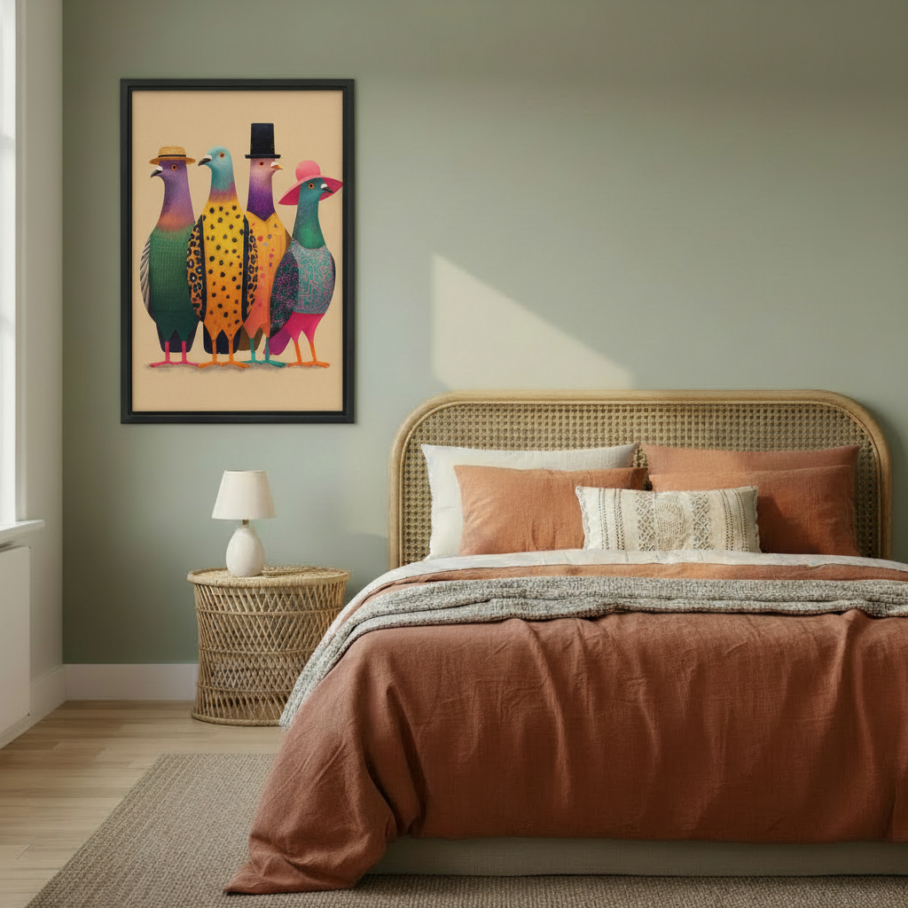  Four fashionable pigeons wearing hats framed wall art, black frame, bold whimsical bird illustration on beige background, styled in a warm boho bedroom with sage green walls and rattan headboard