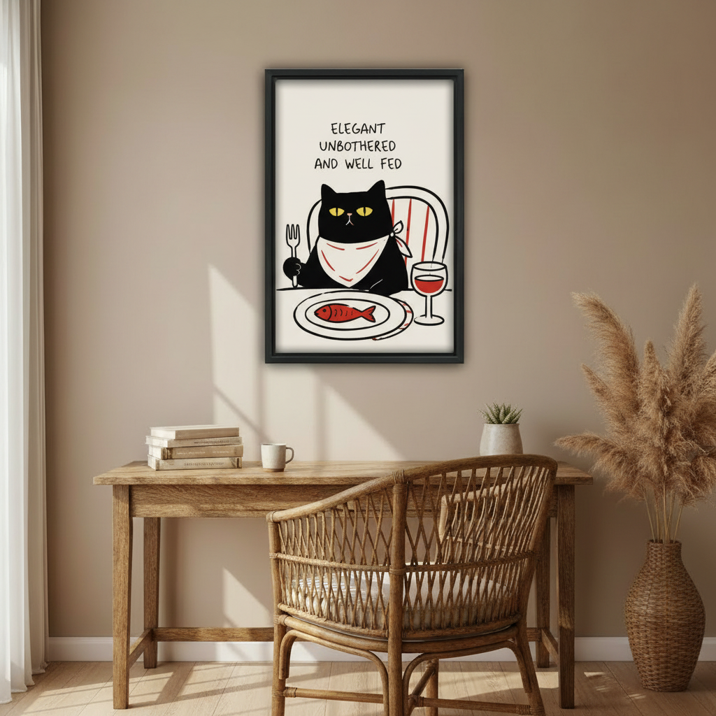 Cheeky black cat elegant unbothered and well fed fish dinner funny minimalist wall art print in black frame above rustic oak desk with rattan chair stacked books white coffee cup and pampas grass in warm boho home office