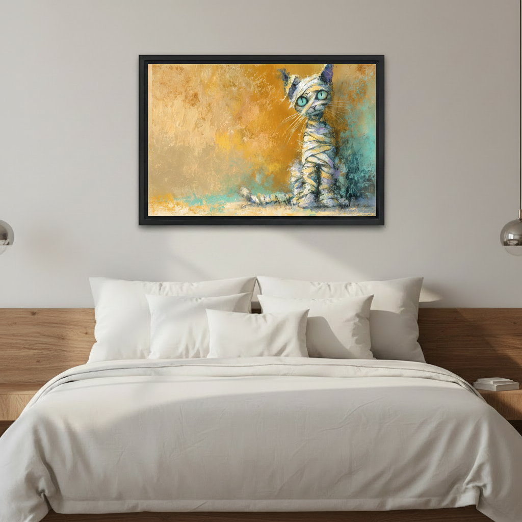 Mummy cat with glowing teal eyes framed wall art, black frame, golden teal oil painting style, styled above a bed in a clean modern bedroom with wood headboard and white bedding