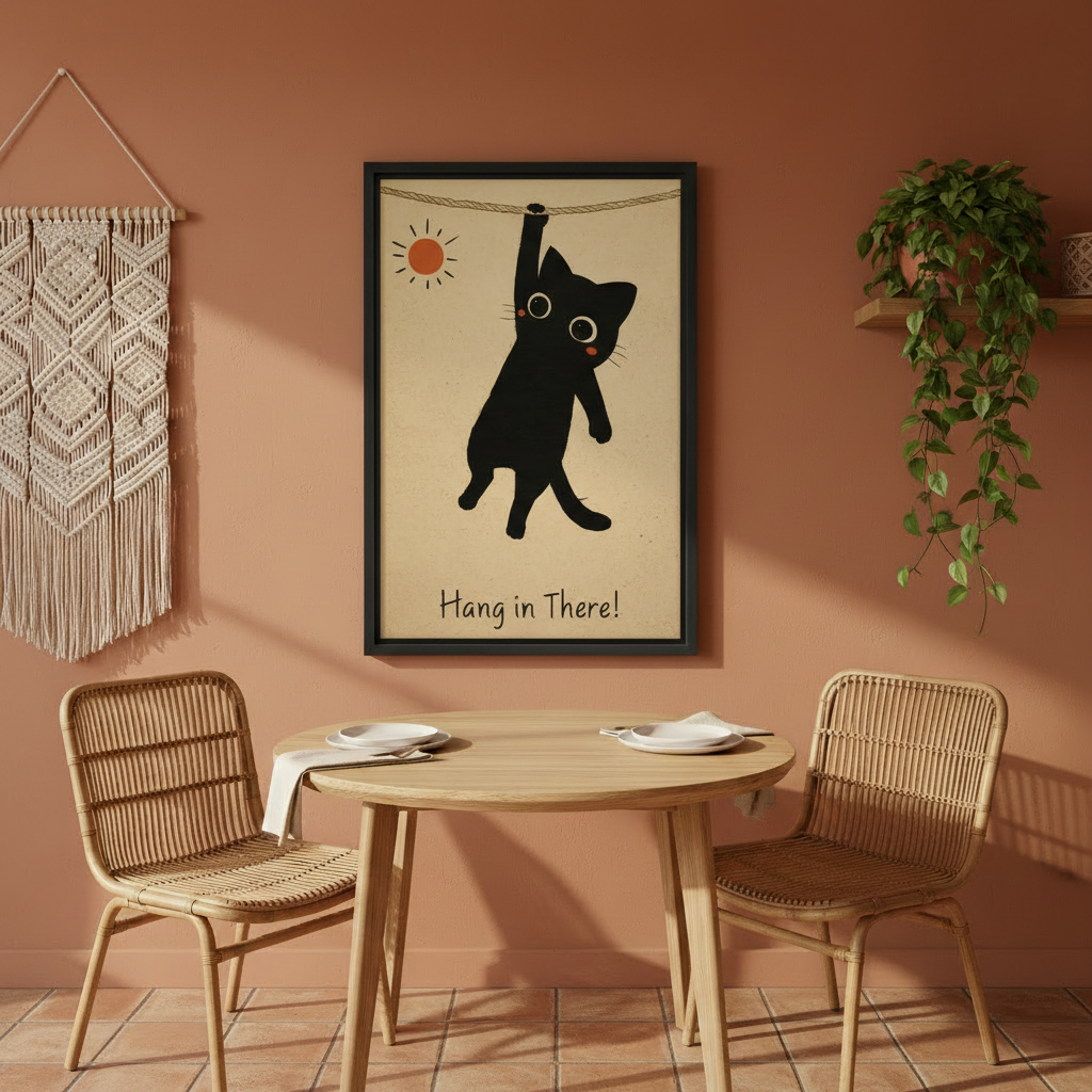 Vintage hang in there black cat motivational poster wall art print in black frame on terracotta wall above rattan dining chairs with macrame wall hanging in boho dining room