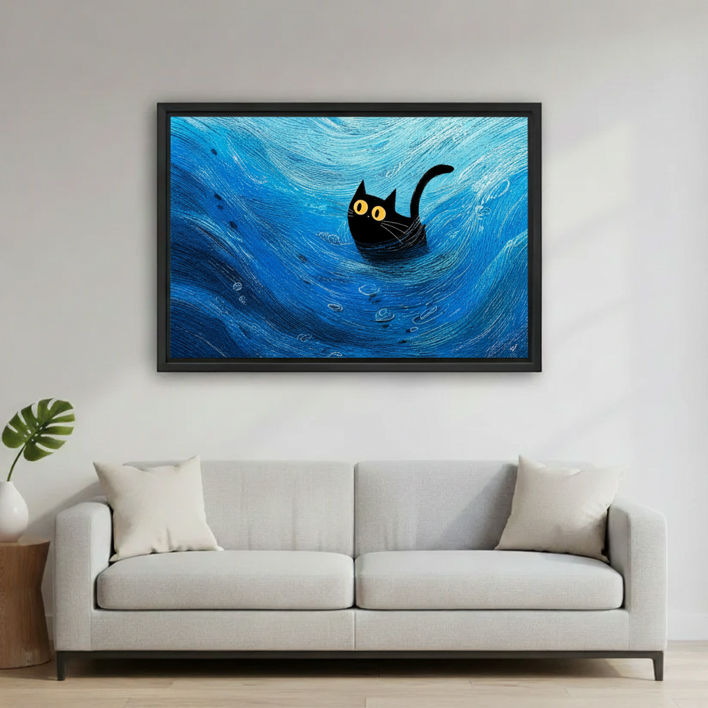 Mysterious black cat canvas art for living room, deep blue swirl ocean illustration