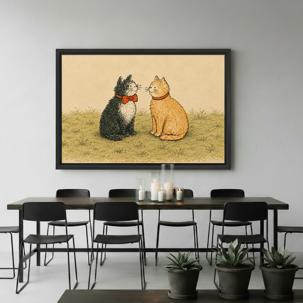 Vintage illustrated cat wall art in black frame mounted above white shelf with plants