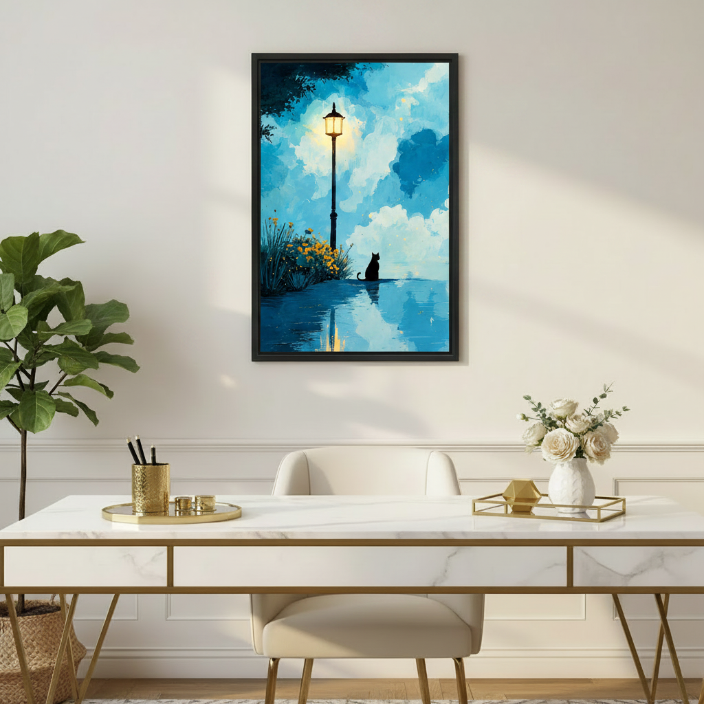 Cat lover wall art, dreamy blue night scene with black cat and glowing lantern, oil painting print