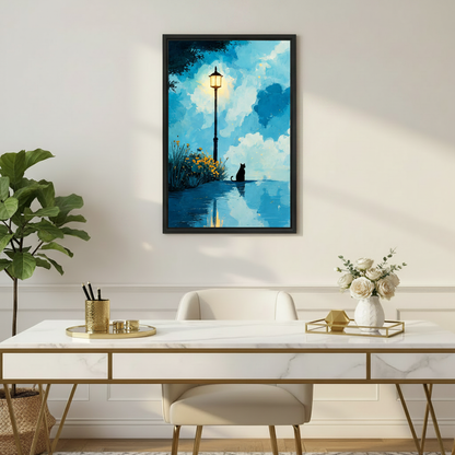 Cat lover wall art, dreamy blue night scene with black cat and glowing lantern, oil painting print