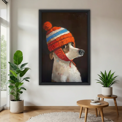 Dog in Knit Winter Hat Wall Art - Cozy Pet Portrait Canvas Print#Y1009