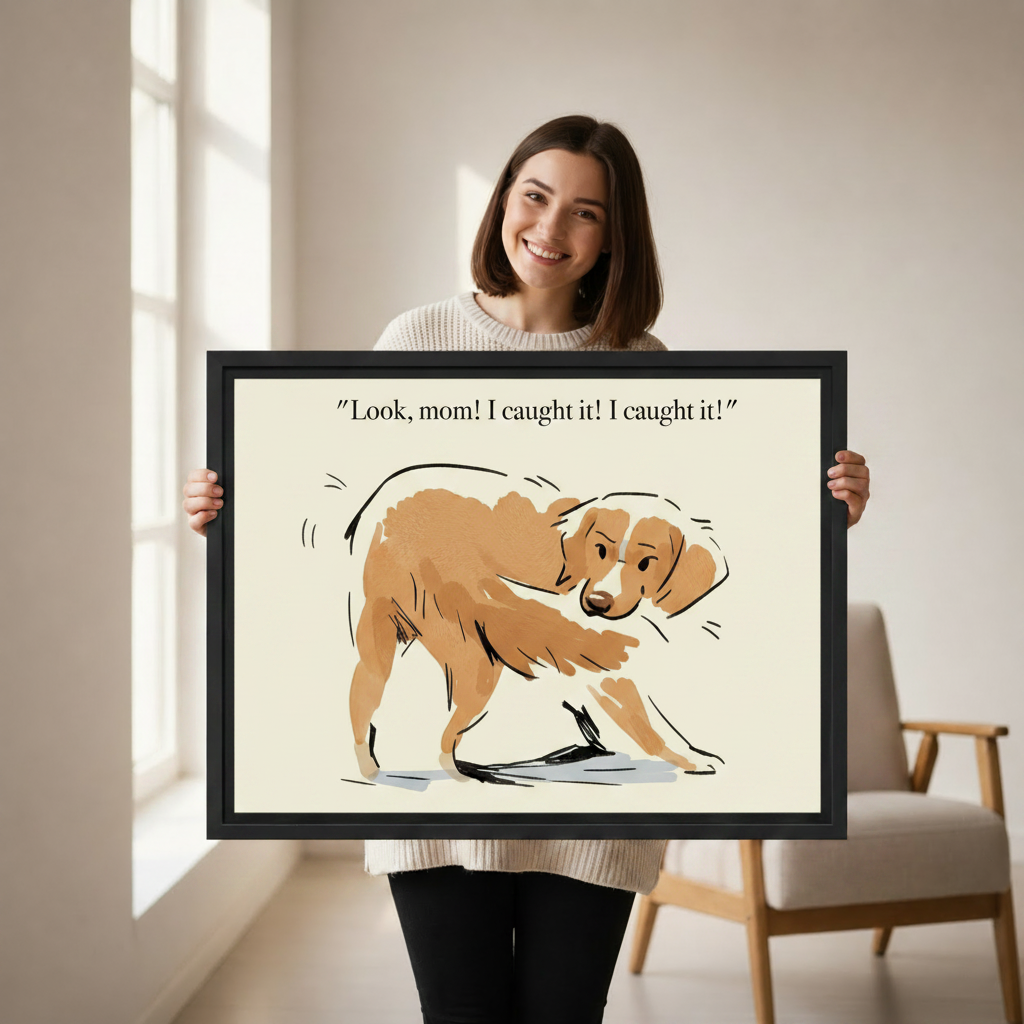 Funny dog chasing tail sketch canvas print in black frame — whimsical dog humor wall art for bedroom or hallway