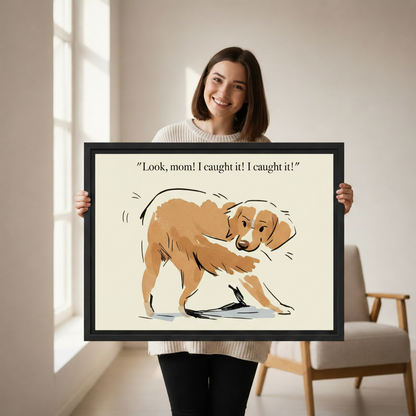 Funny dog chasing tail sketch canvas print in black frame — whimsical dog humor wall art for bedroom or hallway