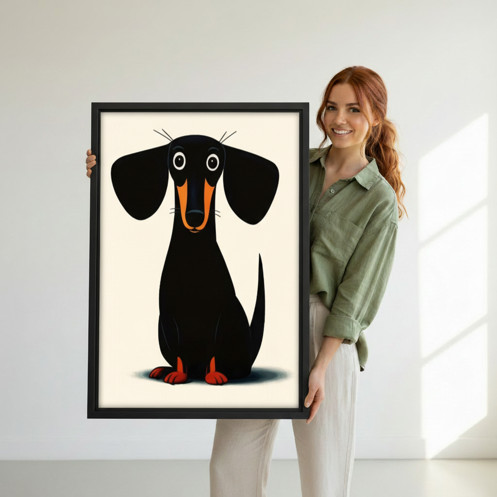 Woman holding cute minimalist dachshund canvas wall art print in black frame, charming dog lover poster with big-eyed dachshund