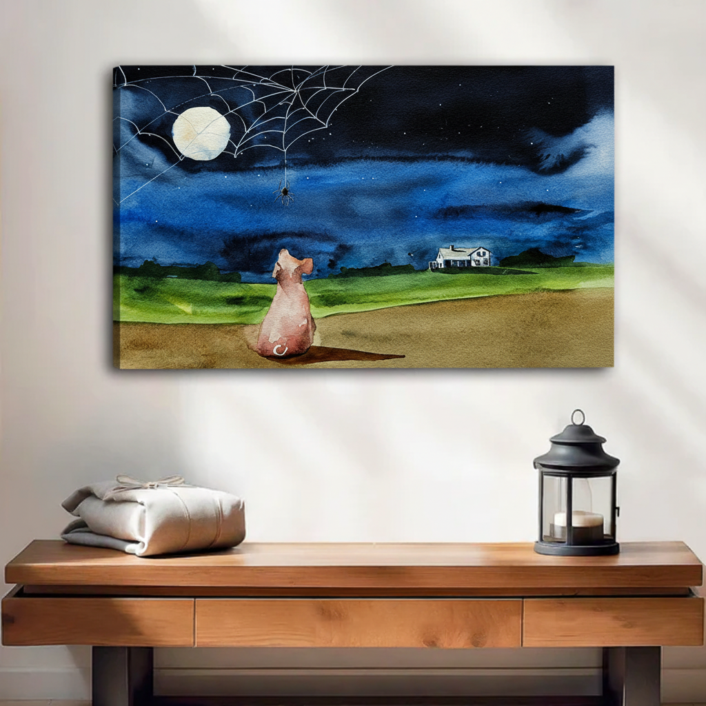 Gallery wrap canvas print of a dog gazing at the moon and spiderweb on a watercolor night sky, living room wall art