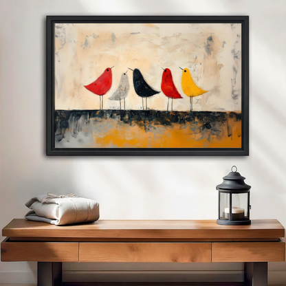Five colorful birds abstract framed wall art print, black frame, minimalist oil painting red white black yellow birds on textured beige background, displayed above a rustic wooden console table with lantern decor in a warm neutral entryway