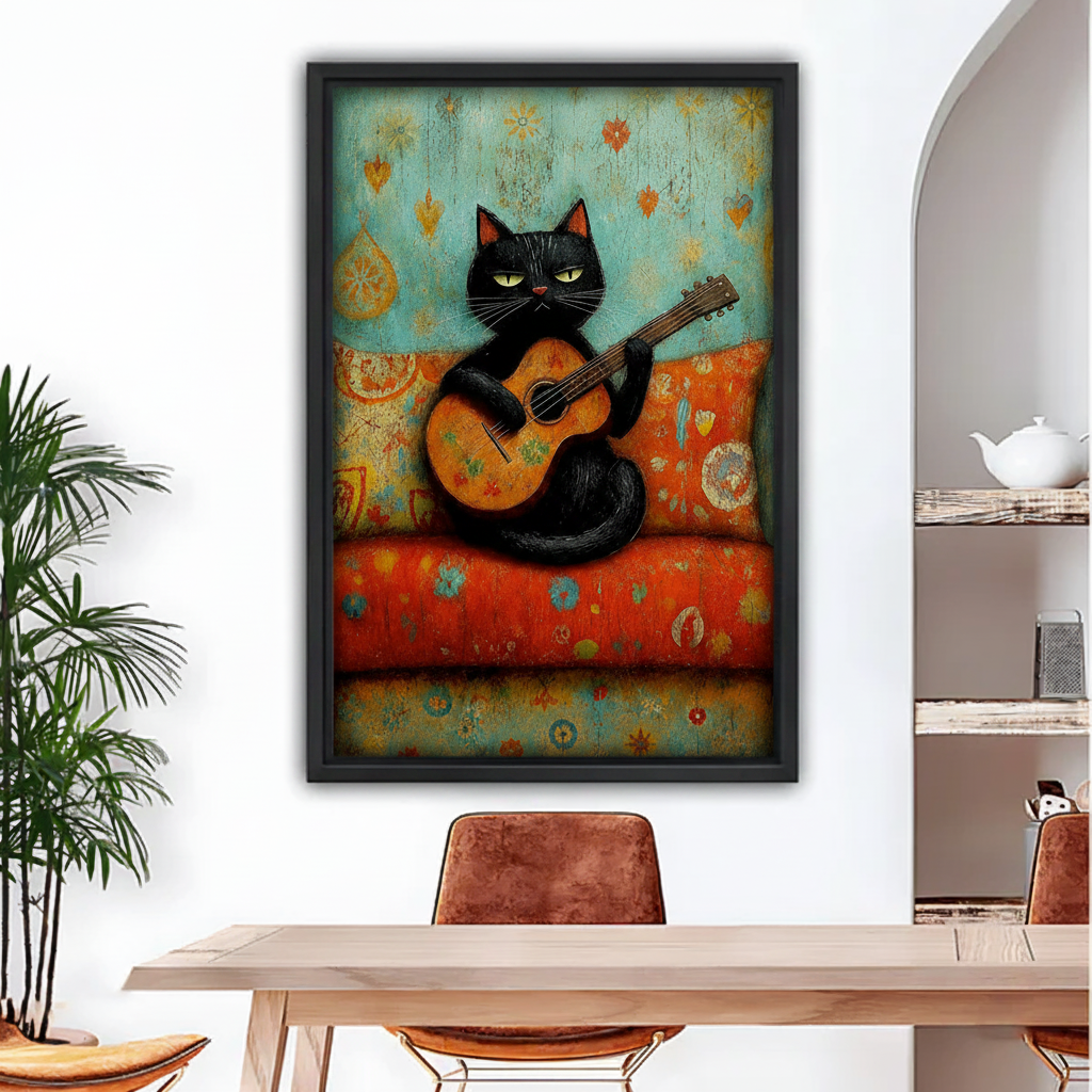 Whimsical black cat guitar wall art, cool cat playing acoustic guitar on colorful boho sofa, black framed canvas print for dining room decor

