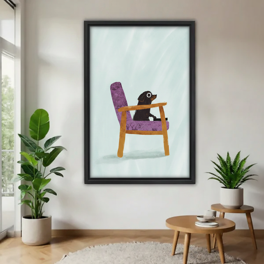 Dachshund sitting in purple chair framed wall art print, black frame, minimalist light blue background, displayed in a bright modern living room with indoor plants