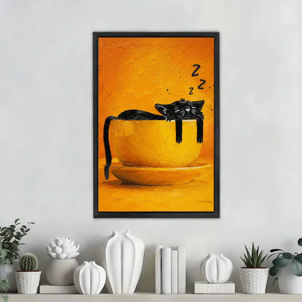 Funny black cat sleeping in giant yellow teacup oil painting wall art print in black frame on white wall with succulent plants and white ceramic vases in minimalist living room shelf