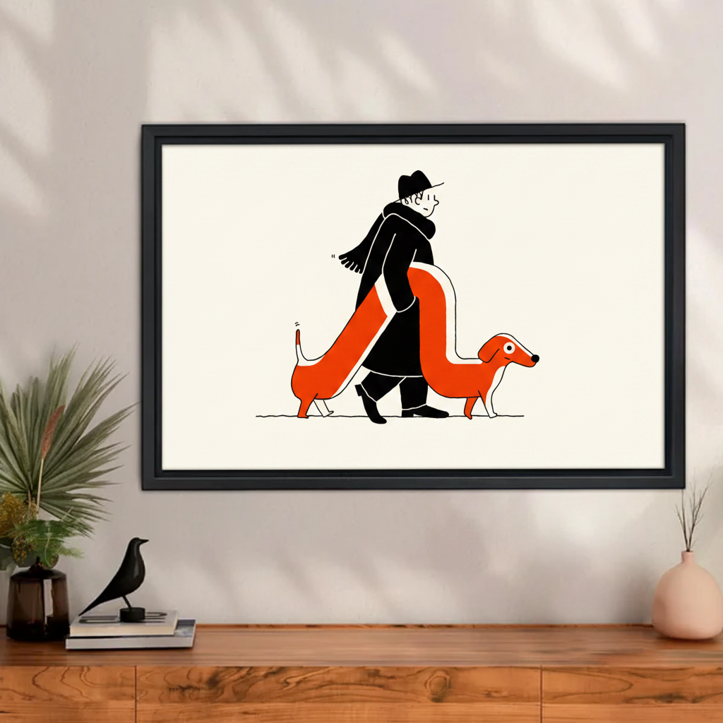 Funny man walking with extra long orange dachshund mid-century minimalist wall art print in black frame above walnut sideboard with black bird sculpture and pink ceramic vase in modern living room