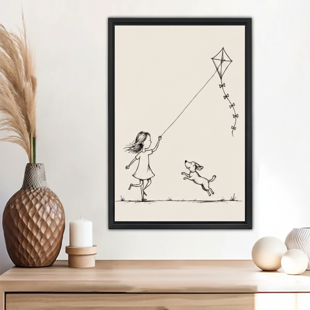Minimalist girl flying kite with dog line drawing wall art print in black frame above wooden sideboard with pampas grass vase and white candle on white wall in boho living room