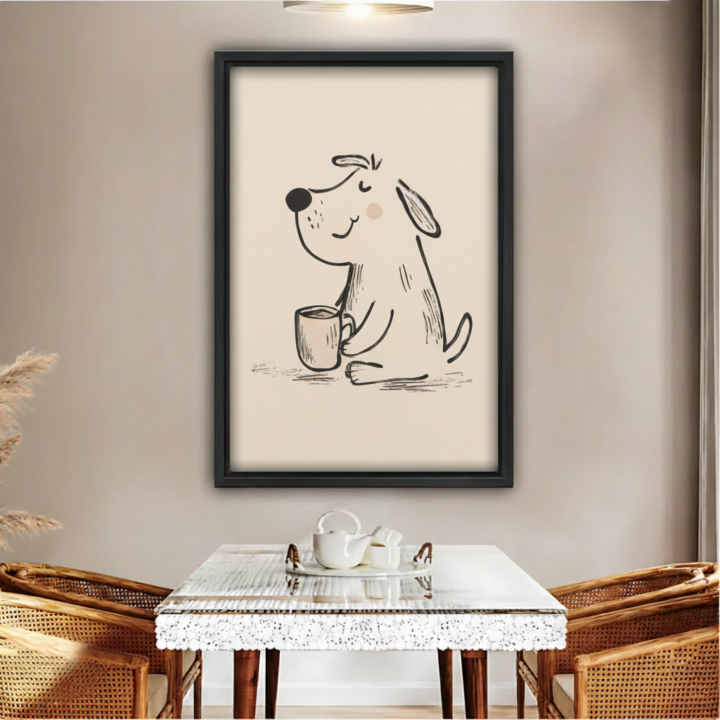 Cute dog holding coffee mug happy minimalist line drawing wall art print in black frame above glass dining table with rattan chairs white tea set and pampas grass in boho dining room