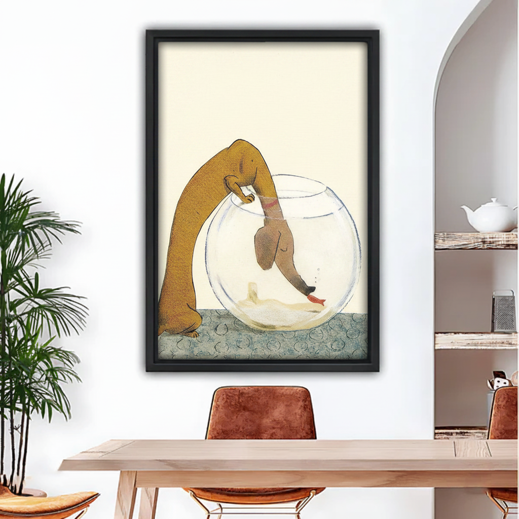 Funny dachshund wall art, whimsical dog diving into fish bowl, black framed canvas print for dining room decor