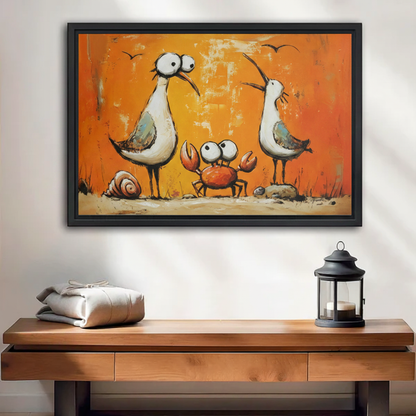 Whimsical seagull and crab wall art, two funny coastal birds with orange crab on sandy beach, black framed canvas print for entryway decor