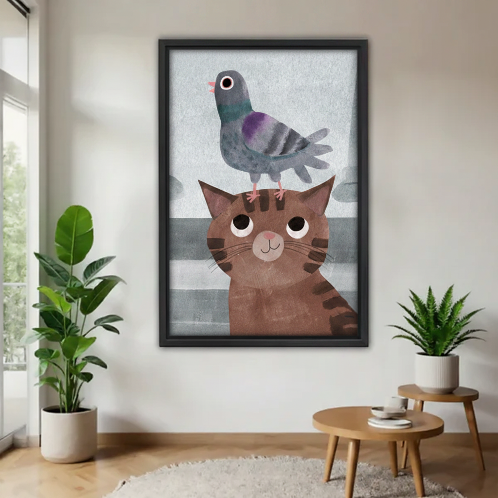 Cute cat with pigeon on head framed wall art print, black frame, whimsical cartoon illustration grey blue background, hung on white wall in a bright minimalist entryway with fiddle leaf fig and round side table