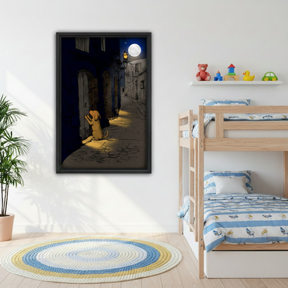 Moonlit alley dog wall art in bedroom, emotional golden puppy knocking door at night framed canvas print, cozy atmospheric dog lover decor