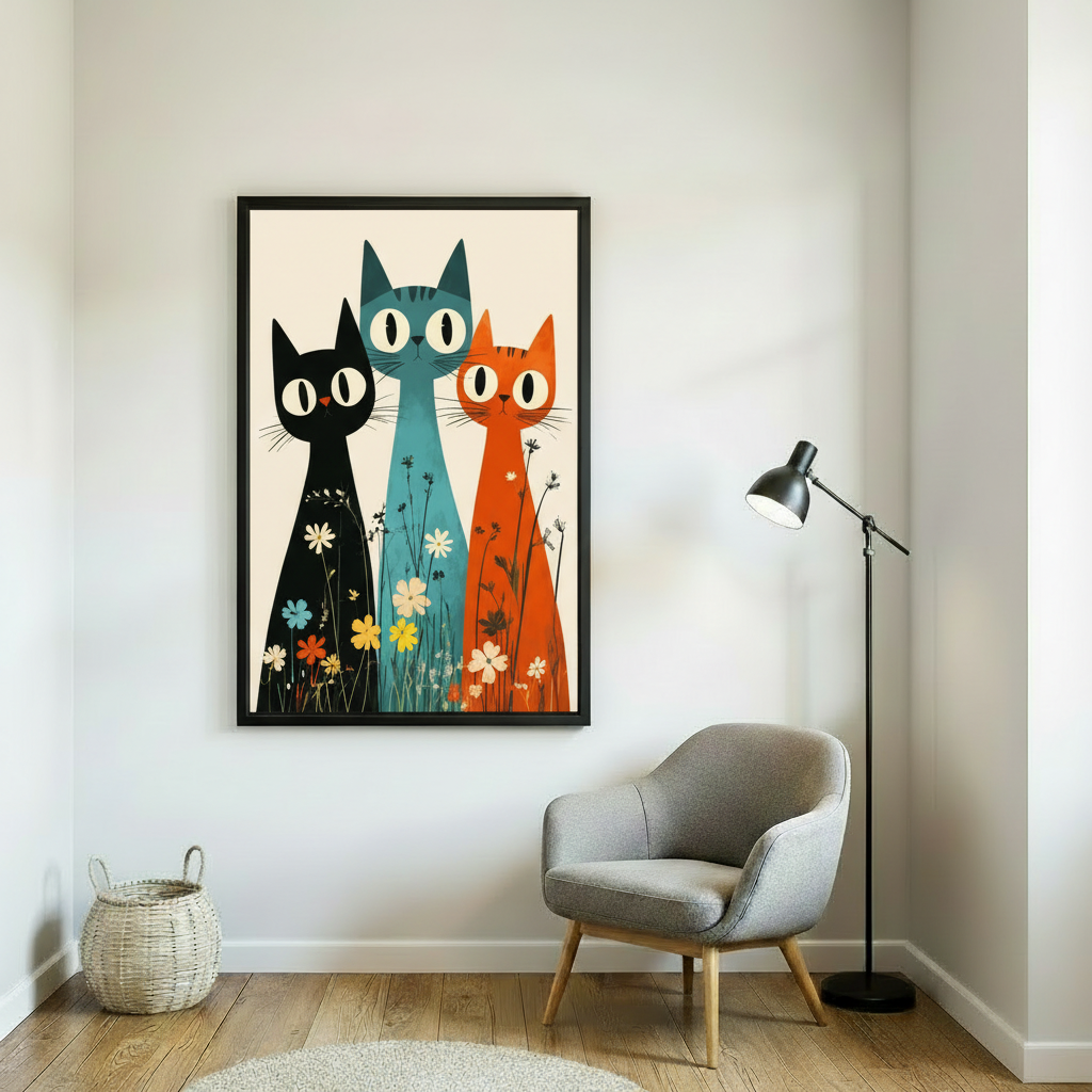 Retro cat floral canvas wall art hanging on white wall – Liberty Signs unique cat lover print