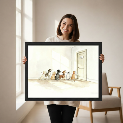 Cute pets bathroom line watercolor canvas print, playful home decor for pet lovers