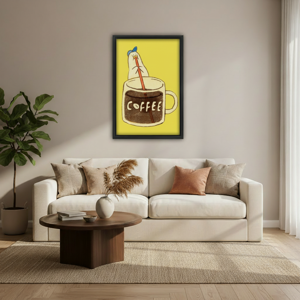 Yellow chicken coffee cup framed canvas wall art print above cream sofa in modern living room