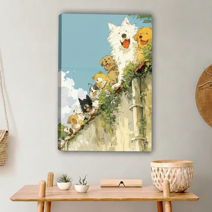 Cute Dogs Over Fence Anime Wall Art Print l2007