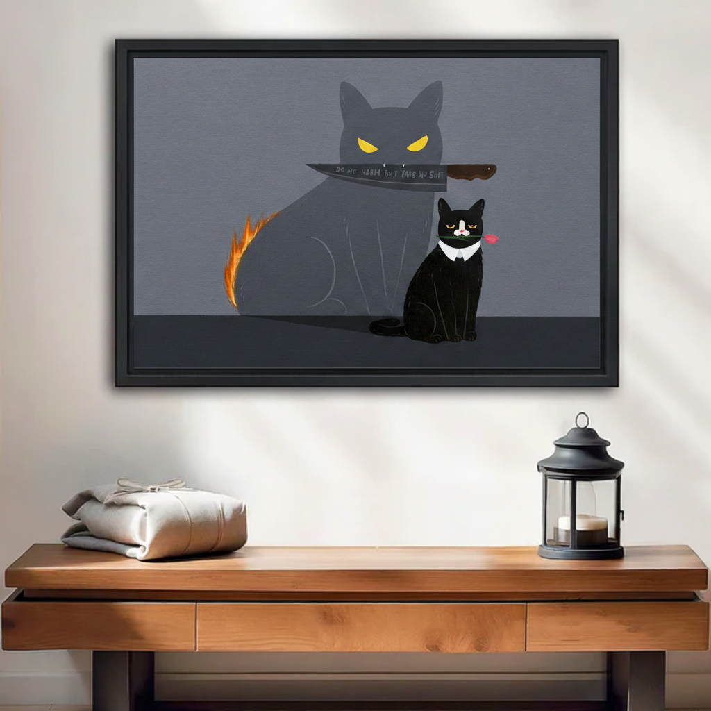 Do No Harm Black Cat Shadow Funny Canvas Wall Art — black framed print displayed on a living room wall