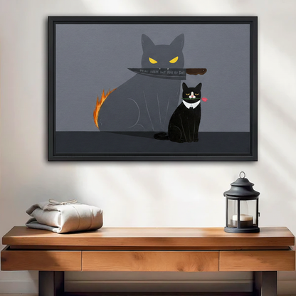 Do No Harm Black Cat Shadow Funny Canvas Wall Art — black framed print displayed on a living room wall