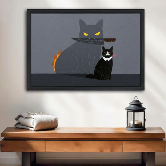 Do No Harm Black Cat Shadow Funny Canvas Wall Art — black framed print displayed on a living room wall