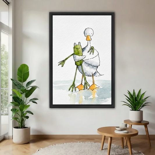 Frog hugging goose whimsical watercolor wall art print – black framed canvas, bohemian entryway decor
