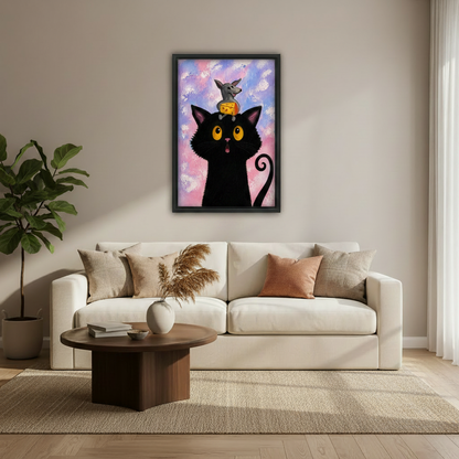 Funny black cat mouse cheese whimsical wall art in black frame, cozy dining room wall decor