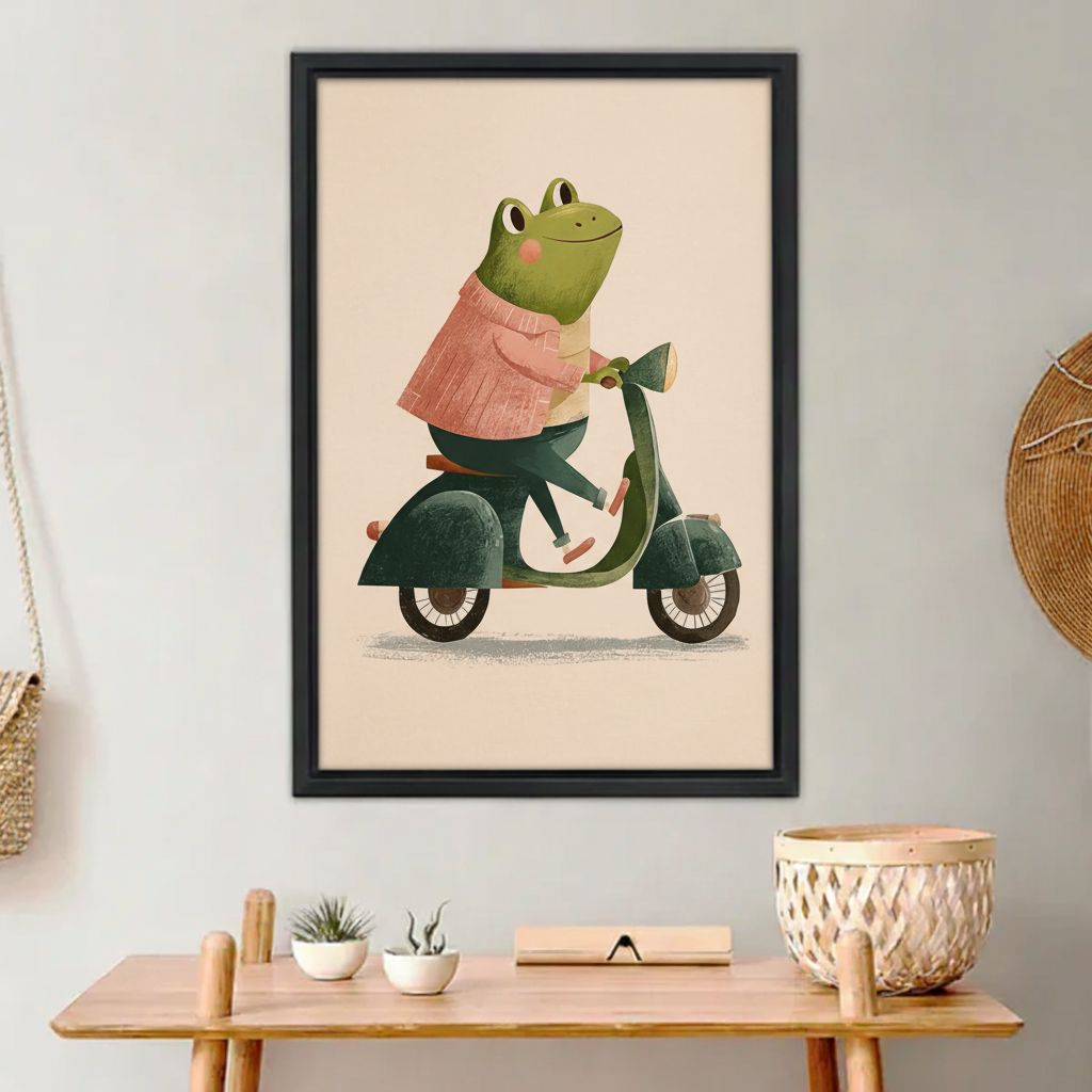 Frog Riding Scooter Cute Framed Wall Art Print – Front View