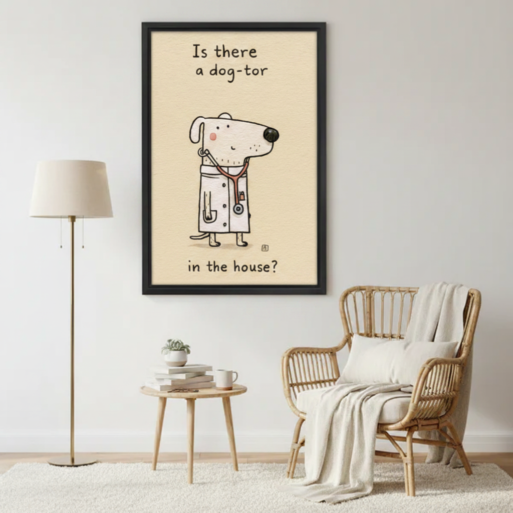 Dog lover gift wall art print, funny dog doctor illustration in black frame