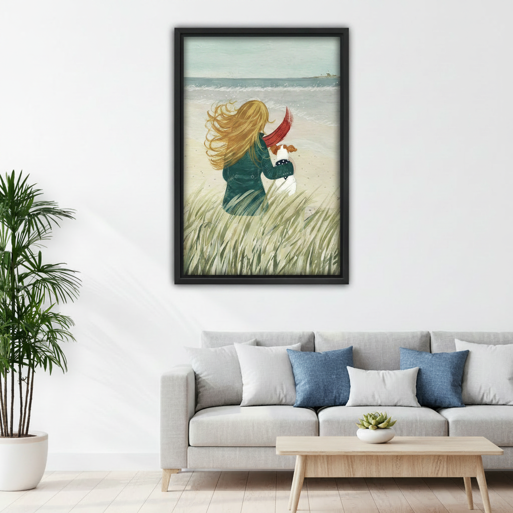 Romantic beach scene canvas print above bed in cozy bedroom – girl and dog coastal wall art