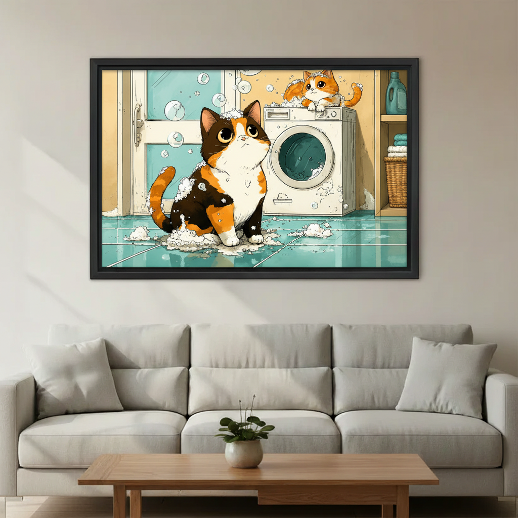 Cat lover gift art print, anime style calico and orange cats with soap bubbles, framed wall decor
