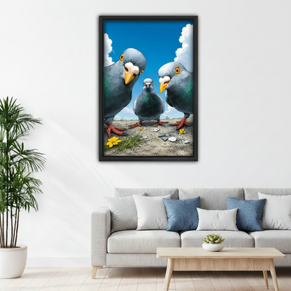 Pigeon trio comic framed print, bedroom wall decor, funny bird art above bed, cozy interior