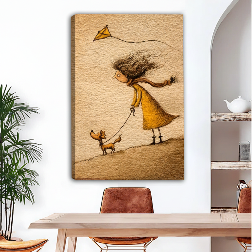 Whimsical girl walking dog with kite drifting overhead, warm sepia tones, dining room decor